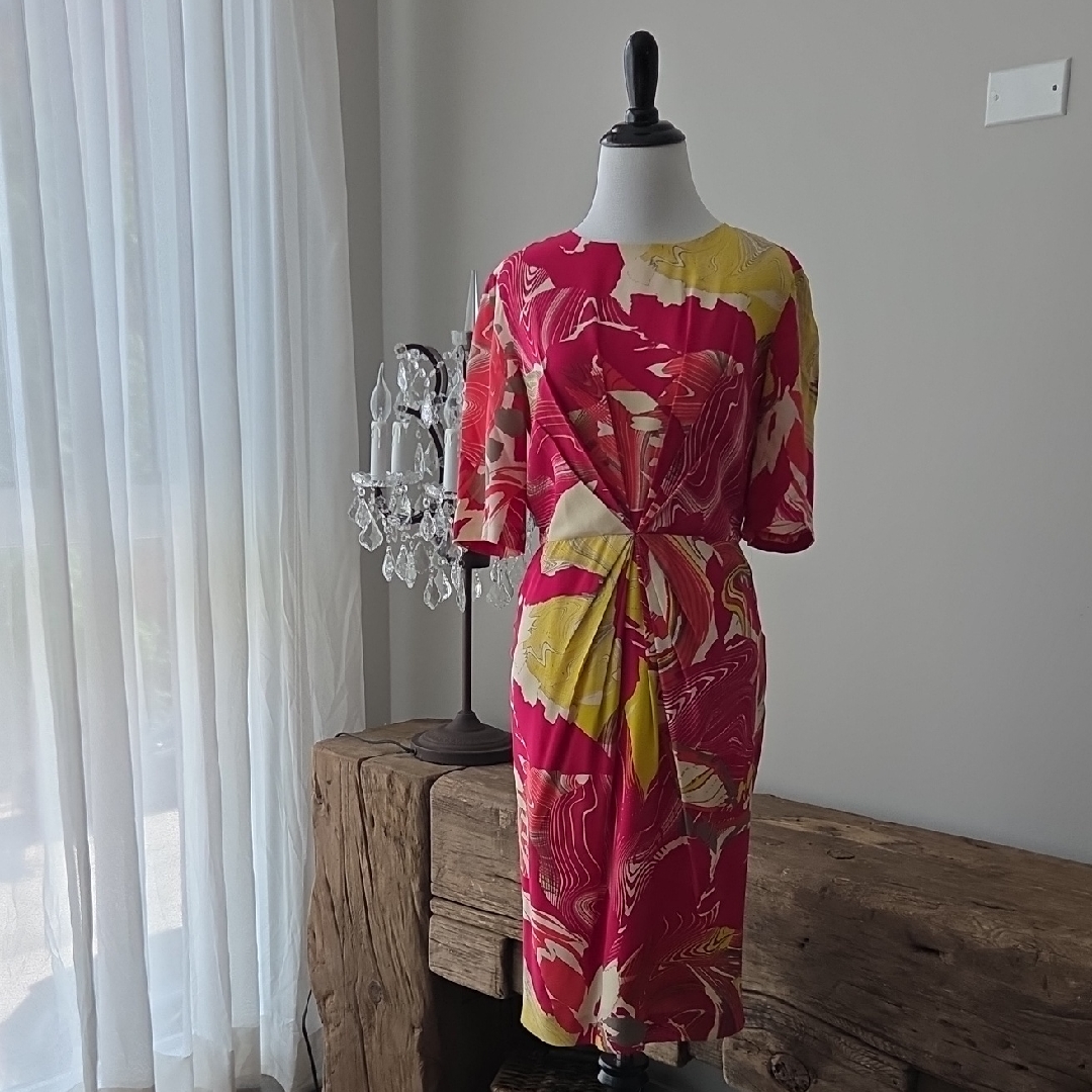 Lk Bennett Pink And Yellow Midi Dress